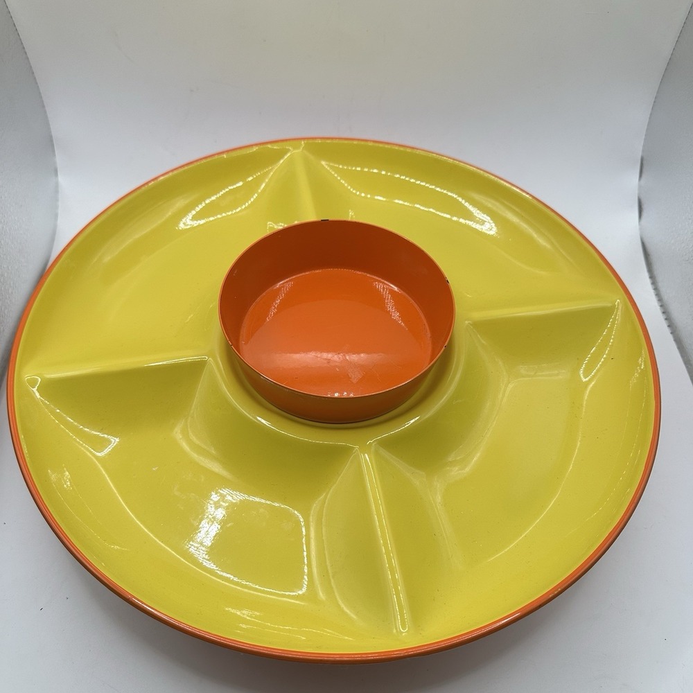 Vtg Orange & Yellow Atomic 4 Dividers Serving Tray w/ Bowl MCM Hosting Decor